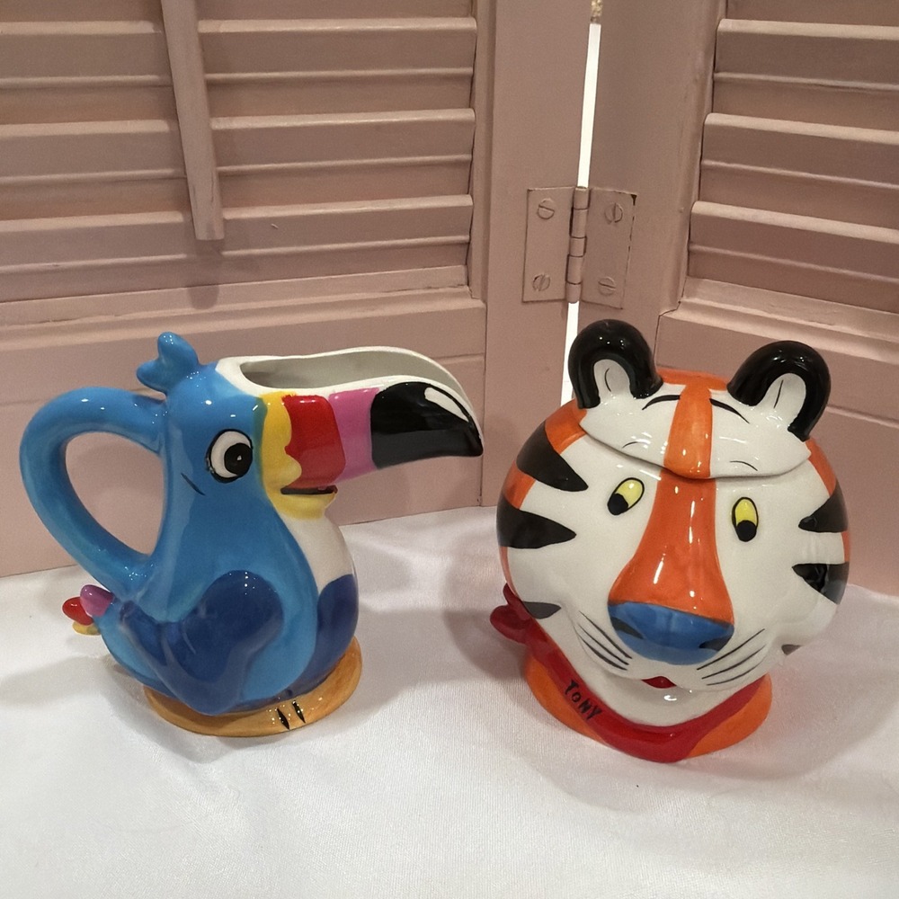 Tony the Tiger and Toucan Sam Kellogg's Cereal Suger, Milk Servers Y2K Porcelain